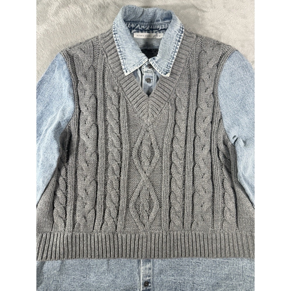 Altar'd State Layered Sweater Denim Shirt Women's Medium Cable Knit 2 Fer Top - Picture 4 of 10